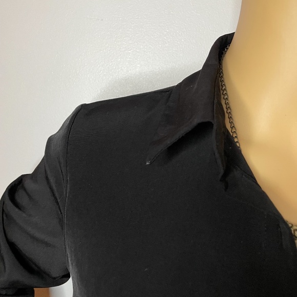Black sheen lightweight button down long sleeve dress w/ bow tie in the front! - Picture 6 of 14